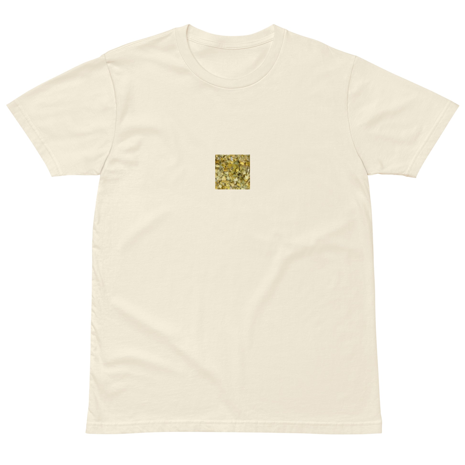 Minimalist streetwear style premium T-shirt in natural featuring the 'Ginkgo Fallen Leaves' photo art on the front. / モードストリート系プレミアムTシャツ（ナチュラル）フロントに「イチョウの落ち葉」のフォトアートを配したデザイン。