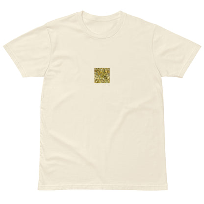 Minimalist streetwear style premium T-shirt in natural featuring the 'Ginkgo Fallen Leaves' photo art on the front. / モードストリート系プレミアムTシャツ（ナチュラル）フロントに「イチョウの落ち葉」のフォトアートを配したデザイン。