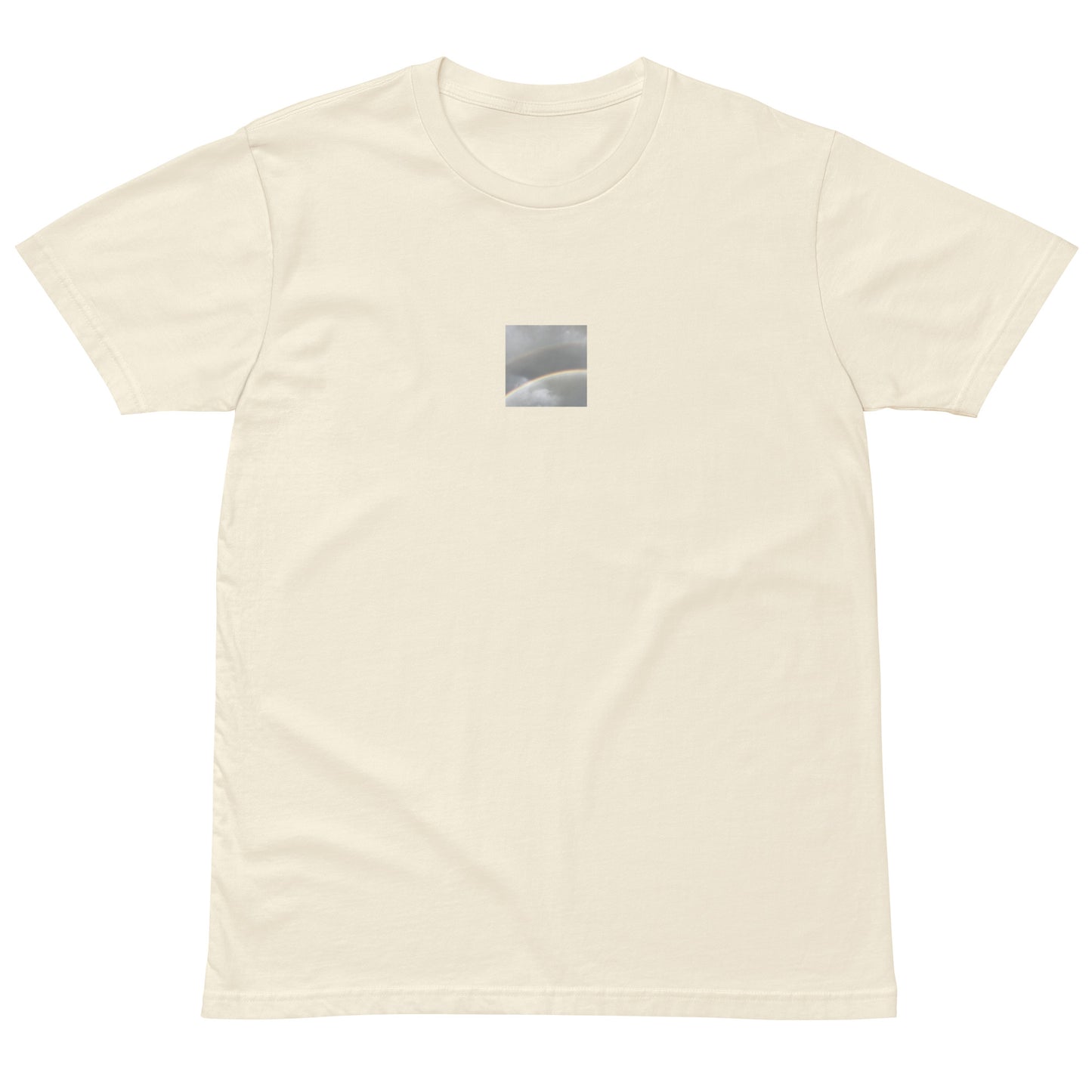 Minimalist streetwear style premium T-shirt in natural featuring the 'Double Rainbow' photo art on the front. / モードストリート系プレミアムTシャツ（ナチュラル）フロントに「ダブルレインボー」のフォトアートを配したデザイン。