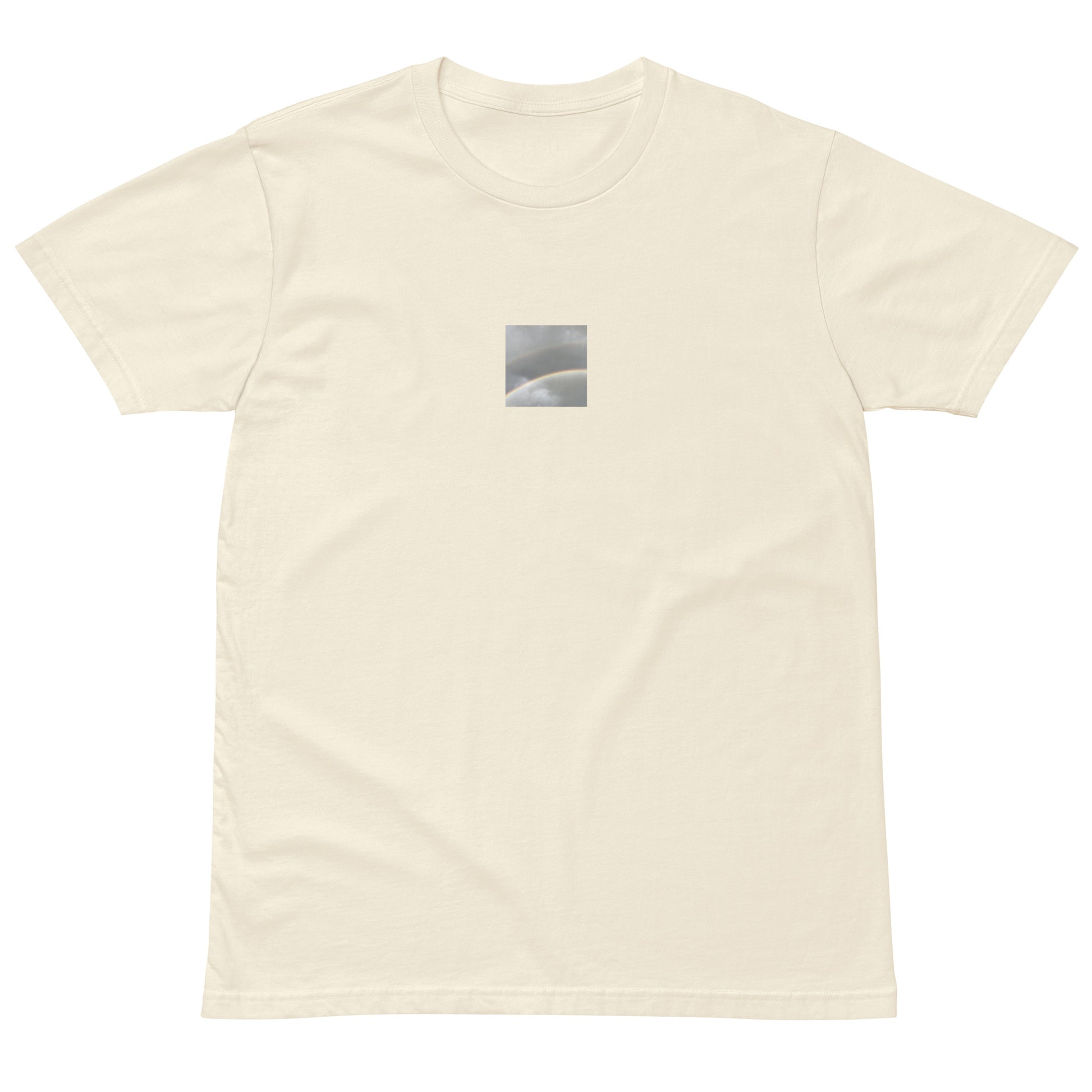 Minimalist streetwear style premium T-shirt in natural featuring the 'Double Rainbow' photo art on the front. / モードストリート系プレミアムTシャツ（ナチュラル）フロントに「ダブルレインボー」のフォトアートを配したデザイン。