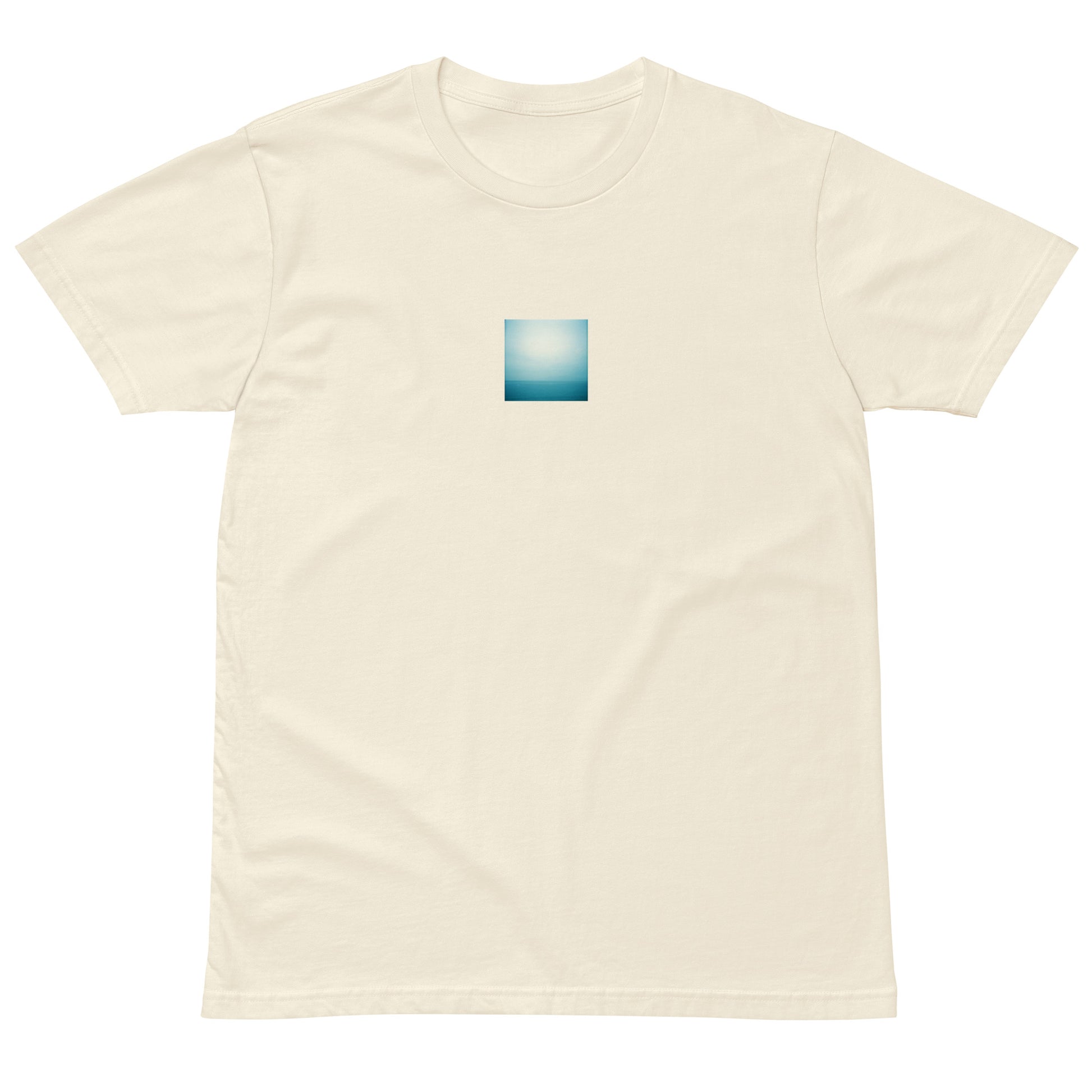 Minimalist streetwear style premium T-shirt in natural featuring the 'Ocean Horizon' photo art on the front. / モードストリート系プレミアムTシャツ（ナチュラル）フロントに「海の水平線」のフォトアートを配したデザイン。