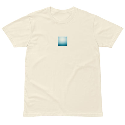 Minimalist streetwear style premium T-shirt in natural featuring the 'Ocean Horizon' photo art on the front. / モードストリート系プレミアムTシャツ（ナチュラル）フロントに「海の水平線」のフォトアートを配したデザイン。