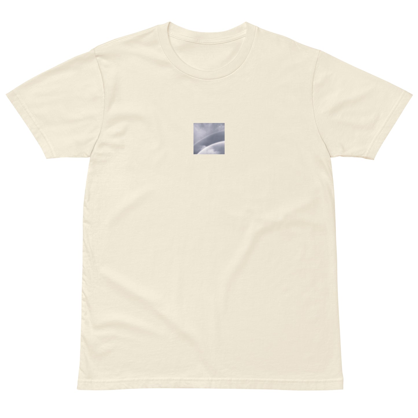 Minimalist streetwear style premium T-shirt in natural featuring the 'Double Rainbow (B&W)' photo art on the front. / モードストリート系プレミアムTシャツ（ナチュラル）フロントに「ダブルレインボー (モノクロ)」のフォトアートを配したデザイン。