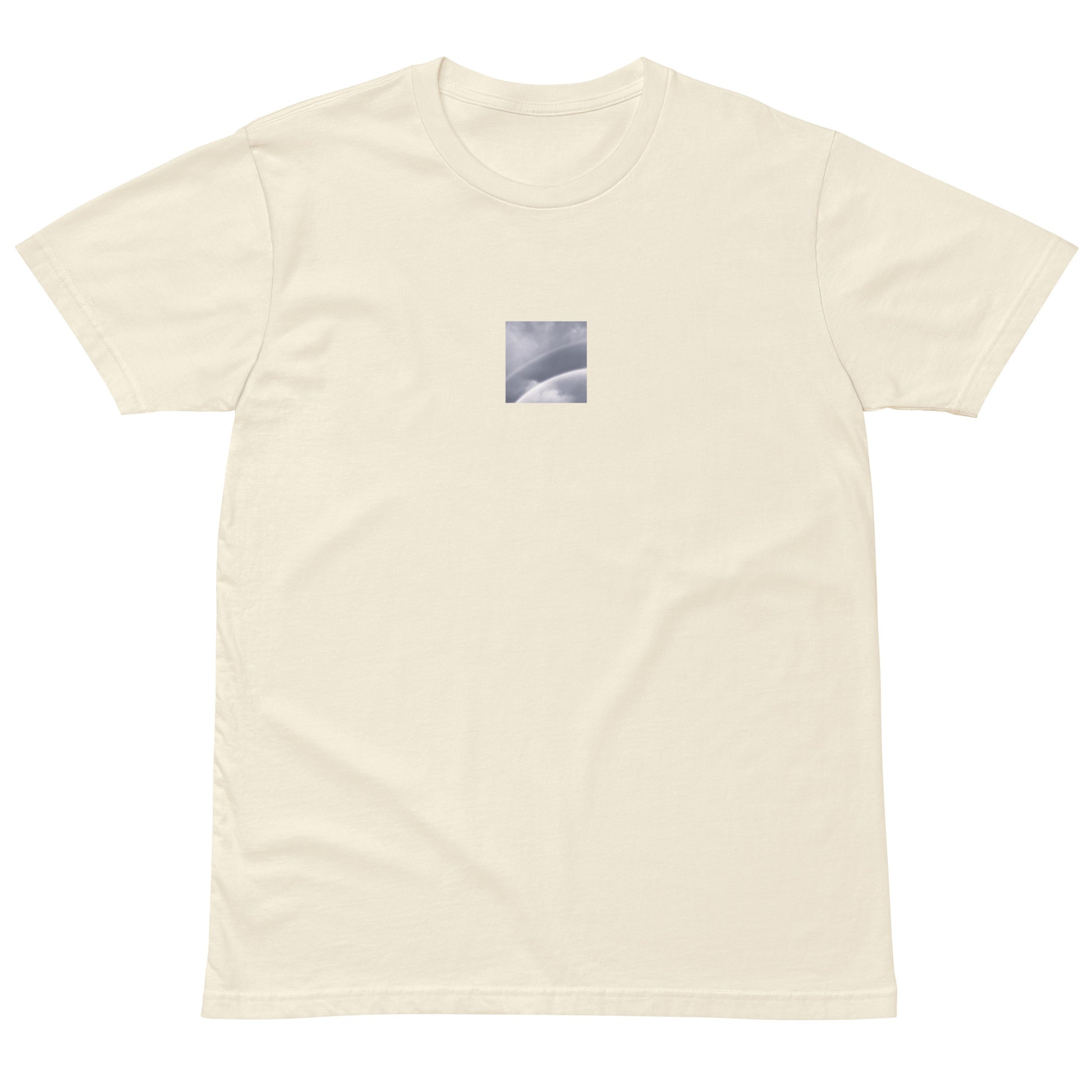 Minimalist streetwear style premium T-shirt in natural featuring the 'Double Rainbow (B&W)' photo art on the front. / モードストリート系プレミアムTシャツ（ナチュラル）フロントに「ダブルレインボー (モノクロ)」のフォトアートを配したデザイン。