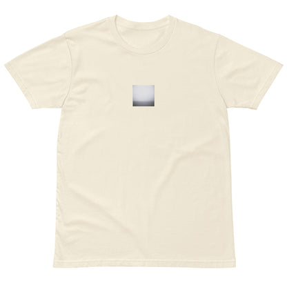Minimalist streetwear style premium T-shirt in natural featuring the 'Ocean Horizon (B&W)' photo art on the front. / モードストリート系プレミアムTシャツ（ナチュラル）フロントに「オーシャンホライズン (モノクロ)」のフォトアートを配したデザイン。