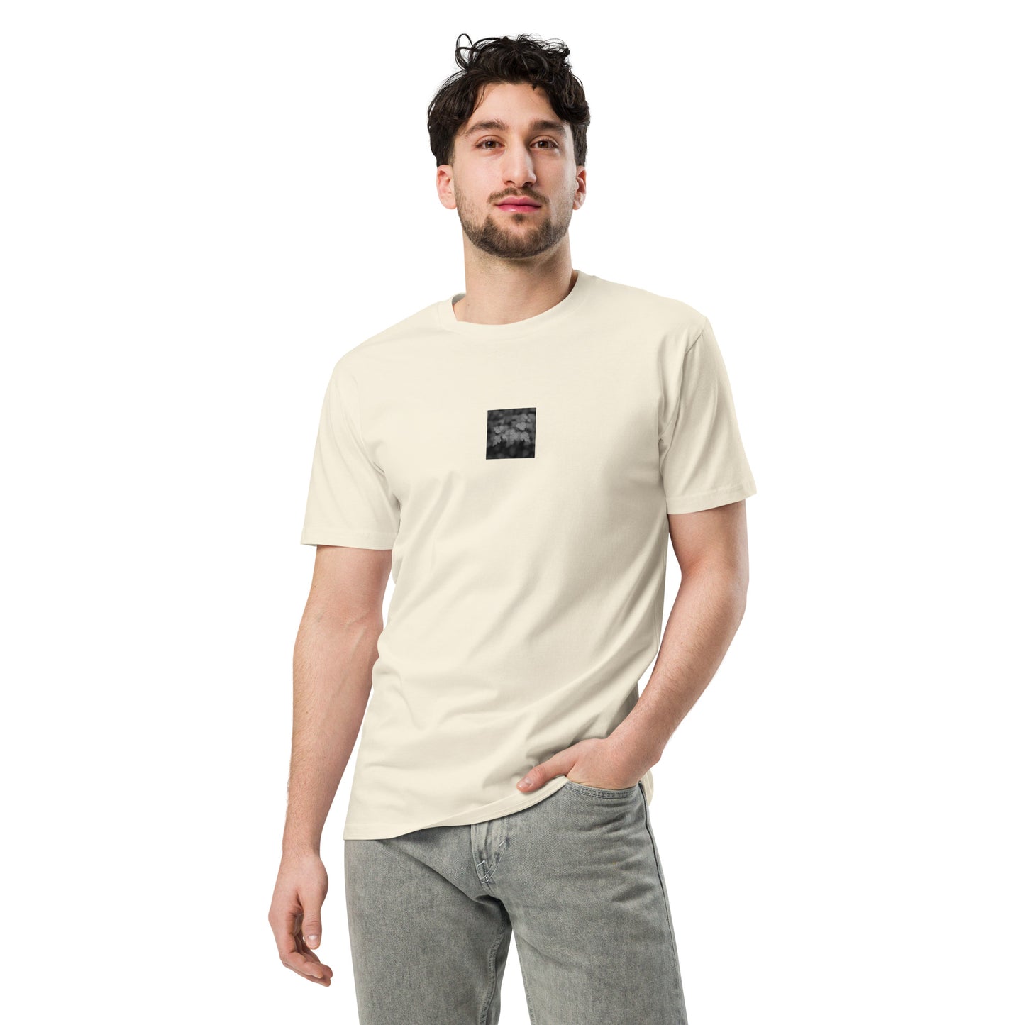 Minimalist streetwear style premium T-shirt in natural featuring the 'Plants (B&W)' photo art on the front. / モードストリート系プレミアムTシャツ（ナチュラル）フロントに「プランツ (モノクロ)」のフォトアートを配したデザイン。
