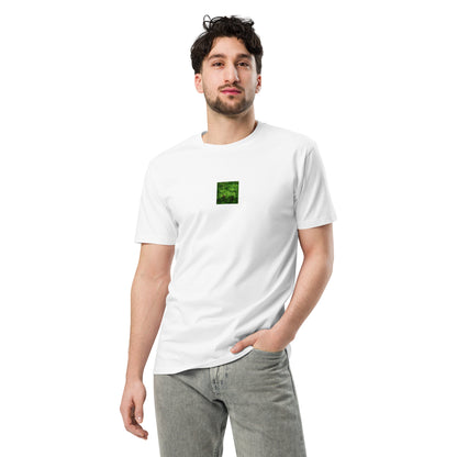 Premium T-Shirt in White – plants botanical art print, lifestyle view
