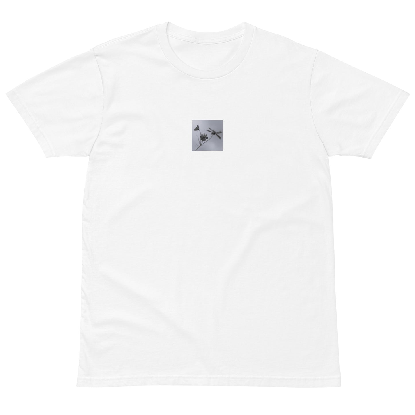 Three Cosmos Flowers Botanical B&W Art – Unisex Premium T-Shirt, White, Front View