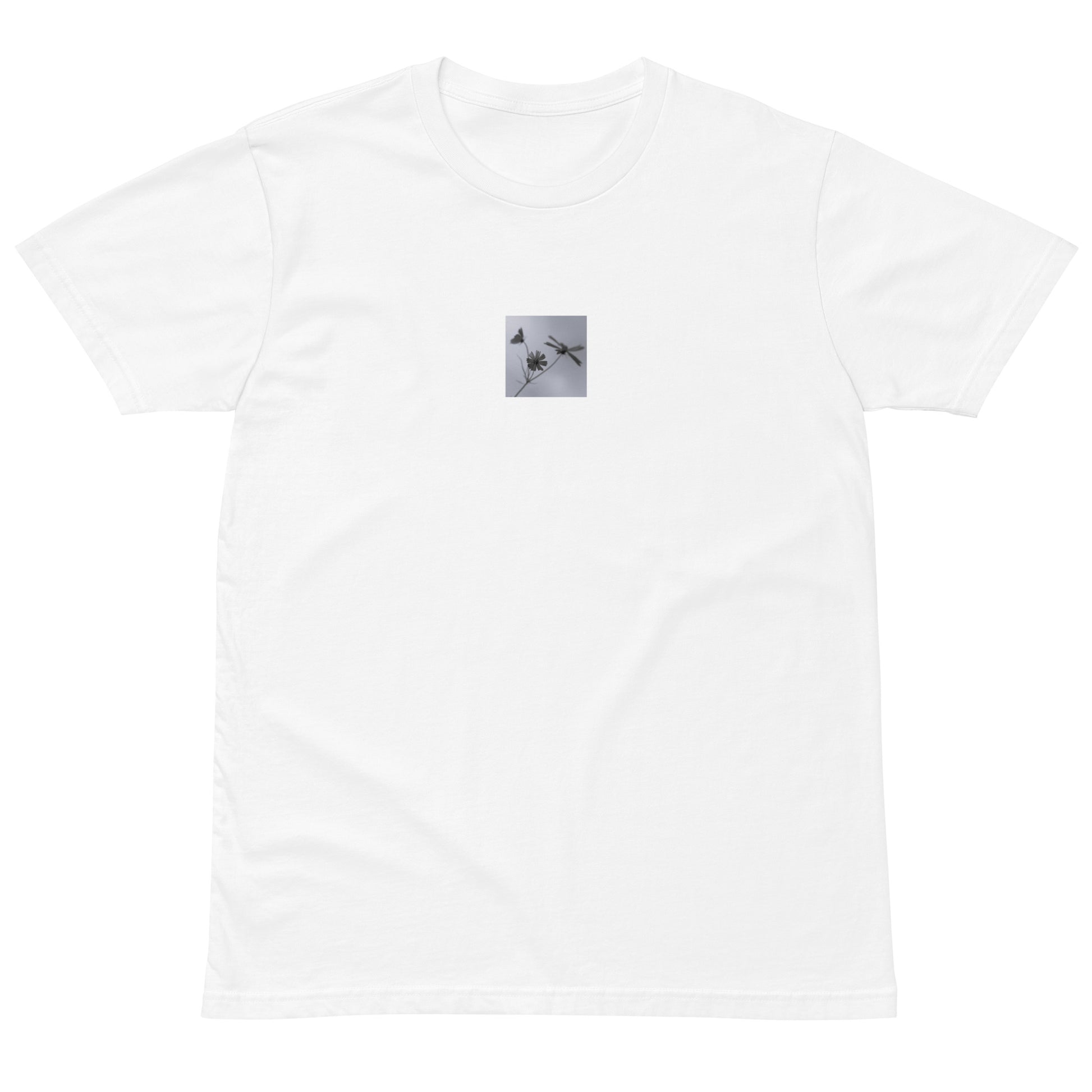 Three Cosmos Flowers Botanical B&W Art – Unisex Premium T-Shirt, White, Front View