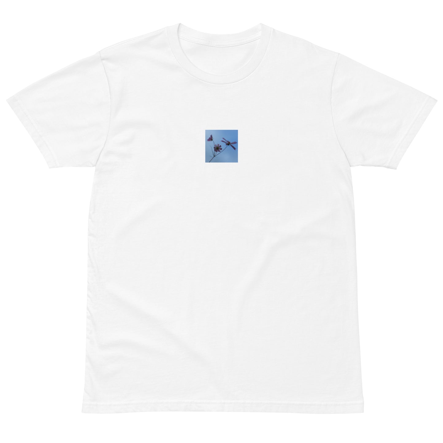Three Cosmos Flowers Botanical Art – Unisex Premium T-Shirt, White, Front View