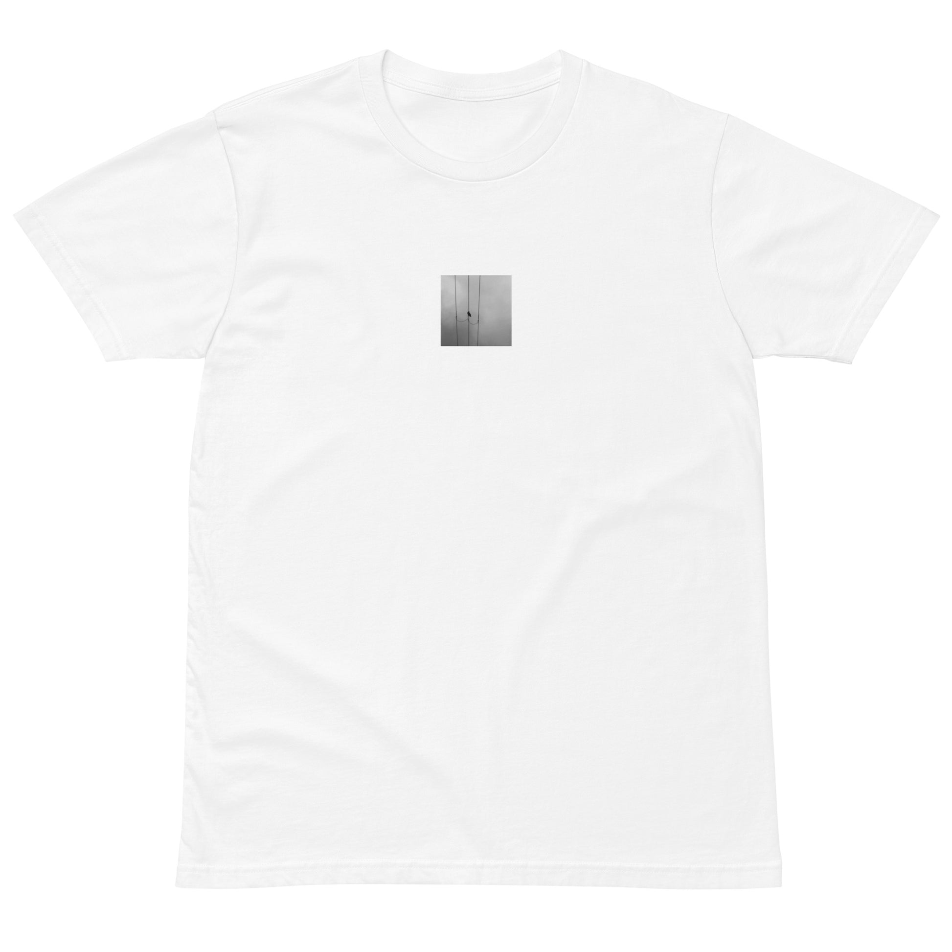 Crow and Power Lines B&W Art – Premium T-Shirt, White, Front View