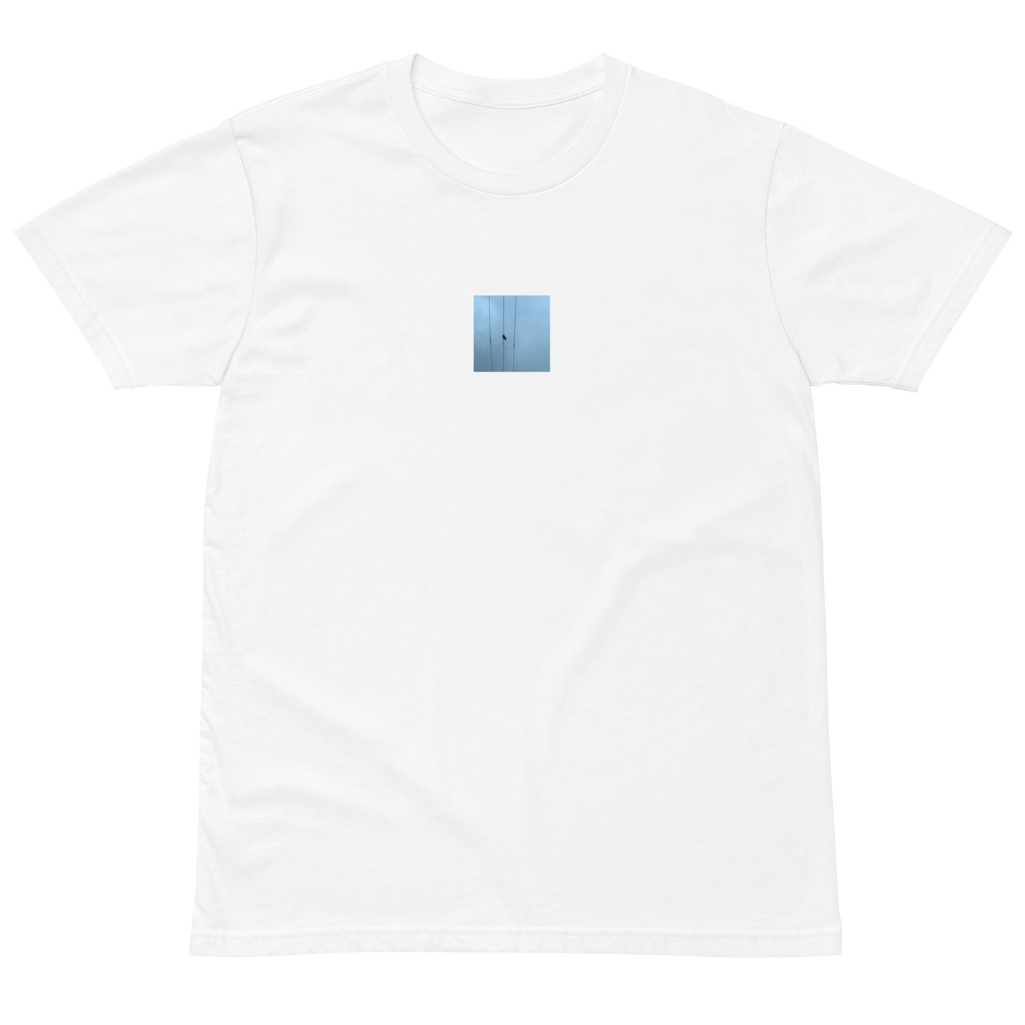 Crow and Power Lines Art – Premium T-Shirt, White, Lifestyle View