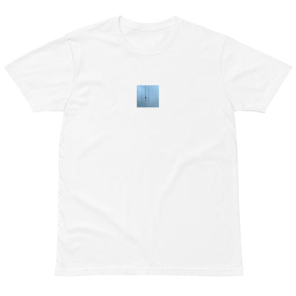 Crow and Power Lines Art – Premium T-Shirt, White, Lifestyle View