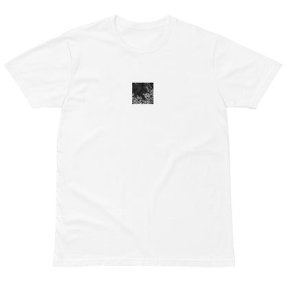 Cherry Blossom Petals on Water Surface (B&W) - Premium T-Shirt, White, Front View