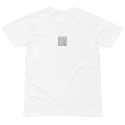 Minimalist mode style unisex premium white T-shirt with a 'Foxtail Grass' black and white botanical art print on the front / モードストリート系ユニセックス・プレミアムTシャツ（ホワイト）、フロントに「フォックステールグラス」のモノクロボタニカルアートプリント