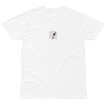 Minimalist mode style unisex premium white t-shirt with a 'Vines Entangled on a Utility Pole' black and white photo print / モードストリート系ユニセックス・プレミアムTシャツ（ホワイト）、フロントに「電柱に絡まるツル」のモノクロ写真プリント（Tシャツ）