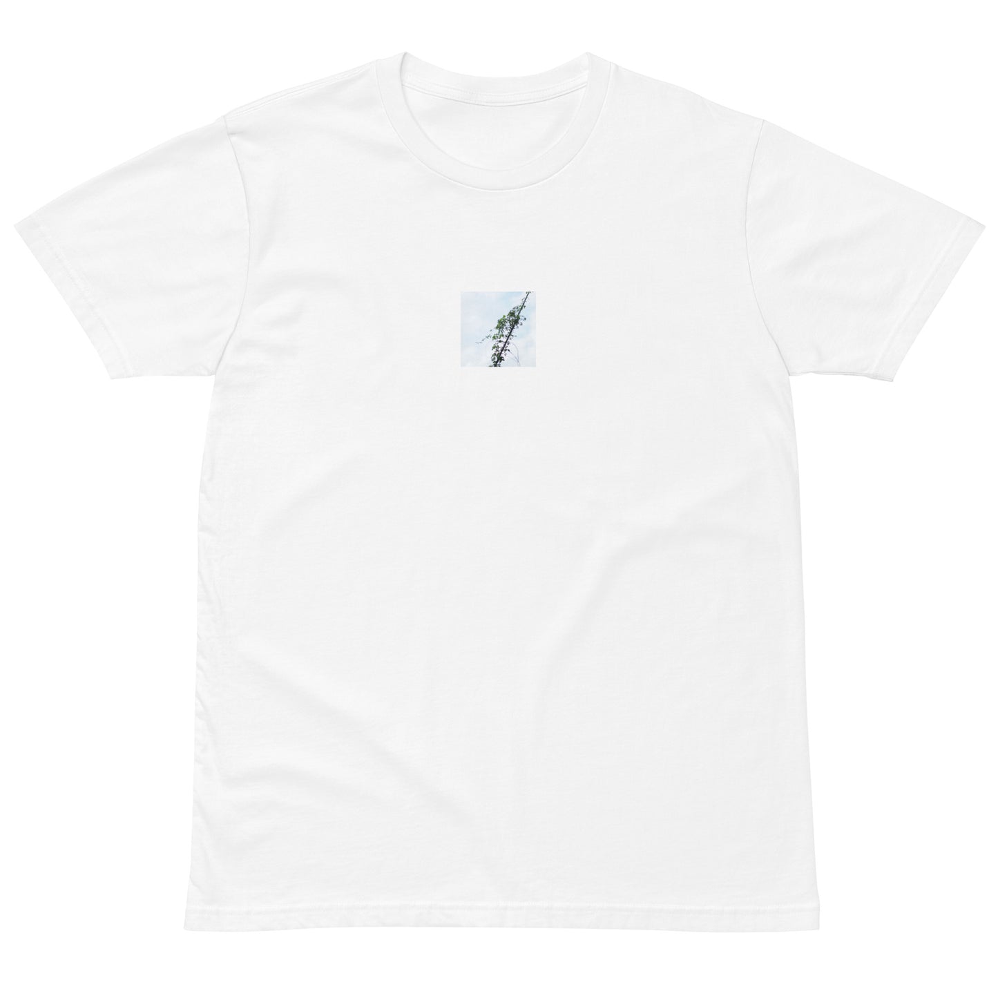 Minimalist mode style unisex premium white t-shirt with a 'Vines Entangled on a Utility Pole' photo print / モードストリート系ユニセックス・プレミアムTシャツ（ホワイト）、フロントに「電柱に絡まるツル」の写真プリント（Tシャツ）