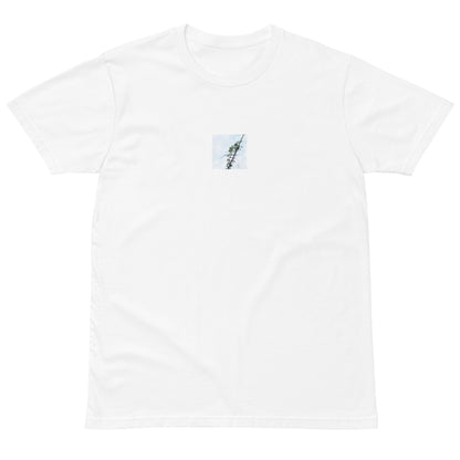 Minimalist mode style unisex premium white t-shirt with a 'Vines Entangled on a Utility Pole' photo print / モードストリート系ユニセックス・プレミアムTシャツ（ホワイト）、フロントに「電柱に絡まるツル」の写真プリント（Tシャツ）