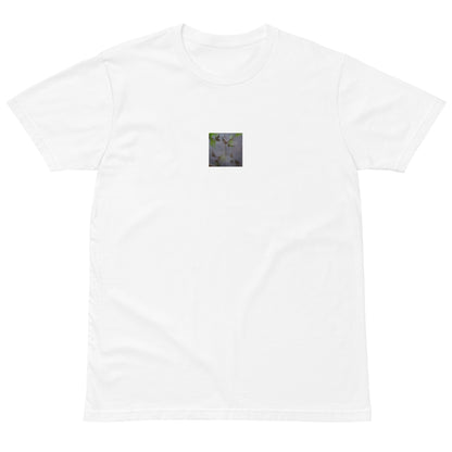 Minimalist mode style unisex premium white t-shirt with a 'Water Surface & Leaves' art print / モードストリート系ユニセックス・プレミアムTシャツ（ホワイト）、フロントに「水面と葉」のアートプリント（Tシャツ）