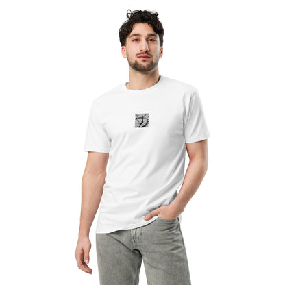 Minimalist mode style unisex premium white t-shirt with a 'Bare Tree' black and white photo print / モードストリート系ユニセックス・プレミアムTシャツ（ホワイト）、フロントに「Bare Tree（枯れ木）」のモノクロ写真プリント（Tシャツ）