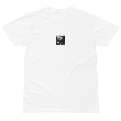 Minimalist streetwear style unisex premium T-shirt in white, featuring a 'Tree Branches' black and white photograph print on the chest. A crisp, high-quality essential with a modern, artistic edge. / モードストリート系ユニセックス・ホワイト・プレミアムTシャツ。フロントに「Tree Branches」モノクロ写真プリントを配置。清潔感のある白地に写真が映える、モダンでアーティスティックなミニマリスト・ストリートウェア。