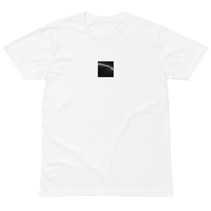 Minimalist streetwear style unisex premium T-shirt in white, featuring a 'Night Car Lights' B&W photograph print on the chest. / Night Car Lights (B&W) プレミアムTシャツ（ホワイト）：清潔感のある白地に、都会の光の軌跡を捉えたモノクロデザインが際立つモードストリート系Tシャツ。