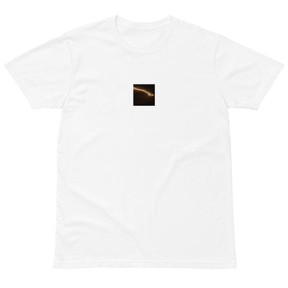 Minimalist streetwear style unisex premium T-shirt in white, featuring a 'Night Car Lights' photograph print on the chest. / Night Car Lights プレミアムTシャツ（ホワイト）：清潔感のある白地に、都会の光の軌跡を捉えたデザインが際立つモードストリート系Tシャツ。
