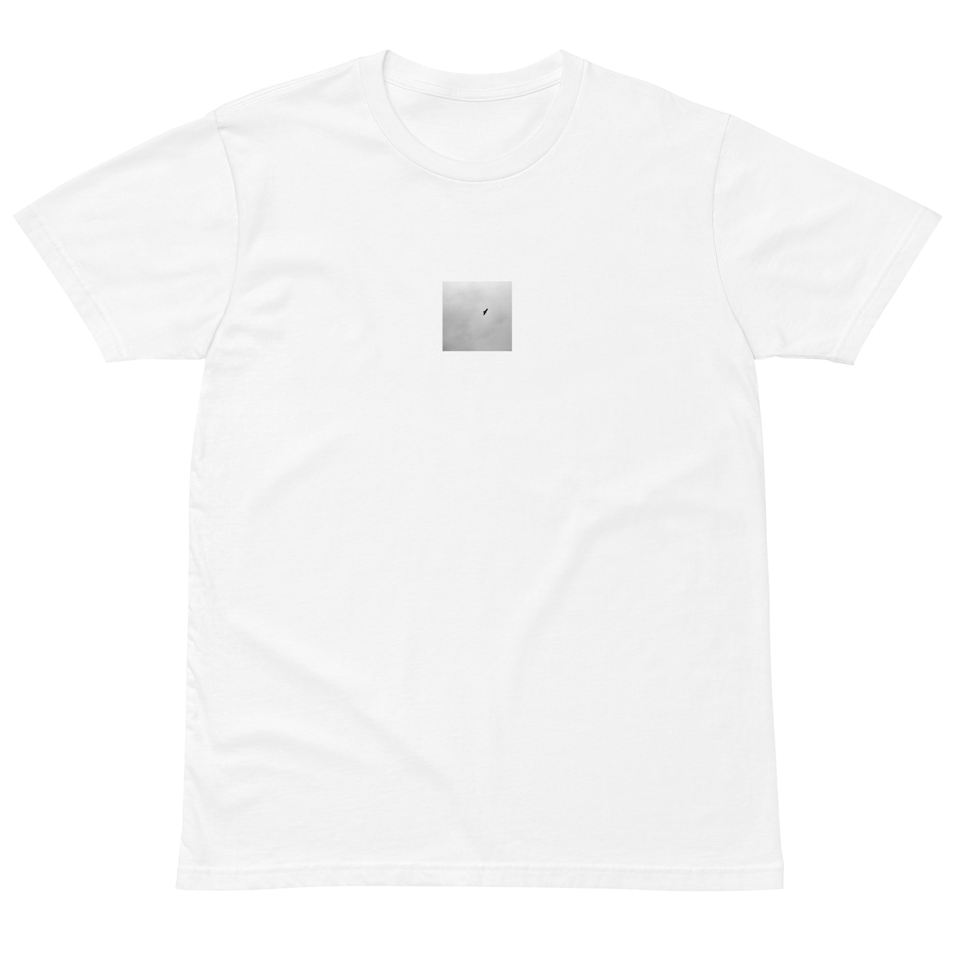 Minimalist streetwear style unisex premium T-shirt in white, featuring a 'Bird and Sky (B&W)' photograph print on the chest. / Bird and Sky (B&W) プレミアムTシャツ（ホワイト）：清潔感のある白地に、鳥と空の幻想的なモノクロデザインが際立つモードストリート系Tシャツ。