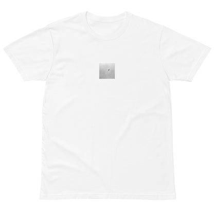 Minimalist streetwear style unisex premium T-shirt in white, featuring a 'Bird and Sky (B&W)' photograph print on the chest. / Bird and Sky (B&W) プレミアムTシャツ（ホワイト）：清潔感のある白地に、鳥と空の幻想的なモノクロデザインが際立つモードストリート系Tシャツ。