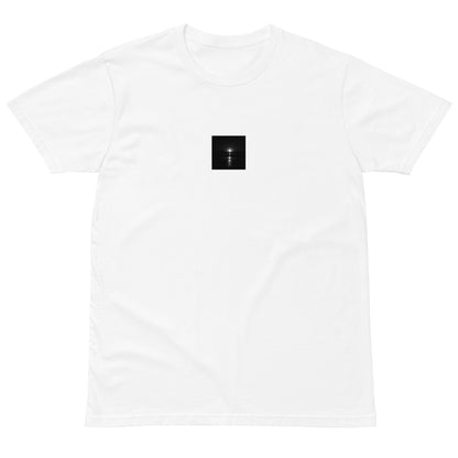 Minimalist streetwear style premium T-shirt in white, featuring the 'Ocean Sunbeams (B&W)' photograph. / 「Ocean Sunbeams (B&W)」プレミアムTシャツ（ホワイト）：清潔感のある白地に海面の光をモノクロで表現した、モードストリート系Tシャツ。