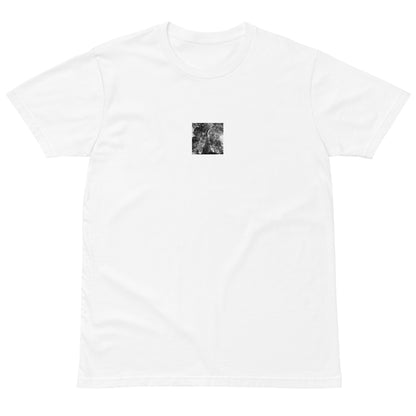 Minimalist streetwear style premium T-shirt in white featuring the 'Eucalyptus Tree (B&W)' photo art on the front. / モードストリート系プレミアムTシャツ（ホワイト）フロントに「ユーカリの木（モノクロ）」のフォトアートを配したデザイン。