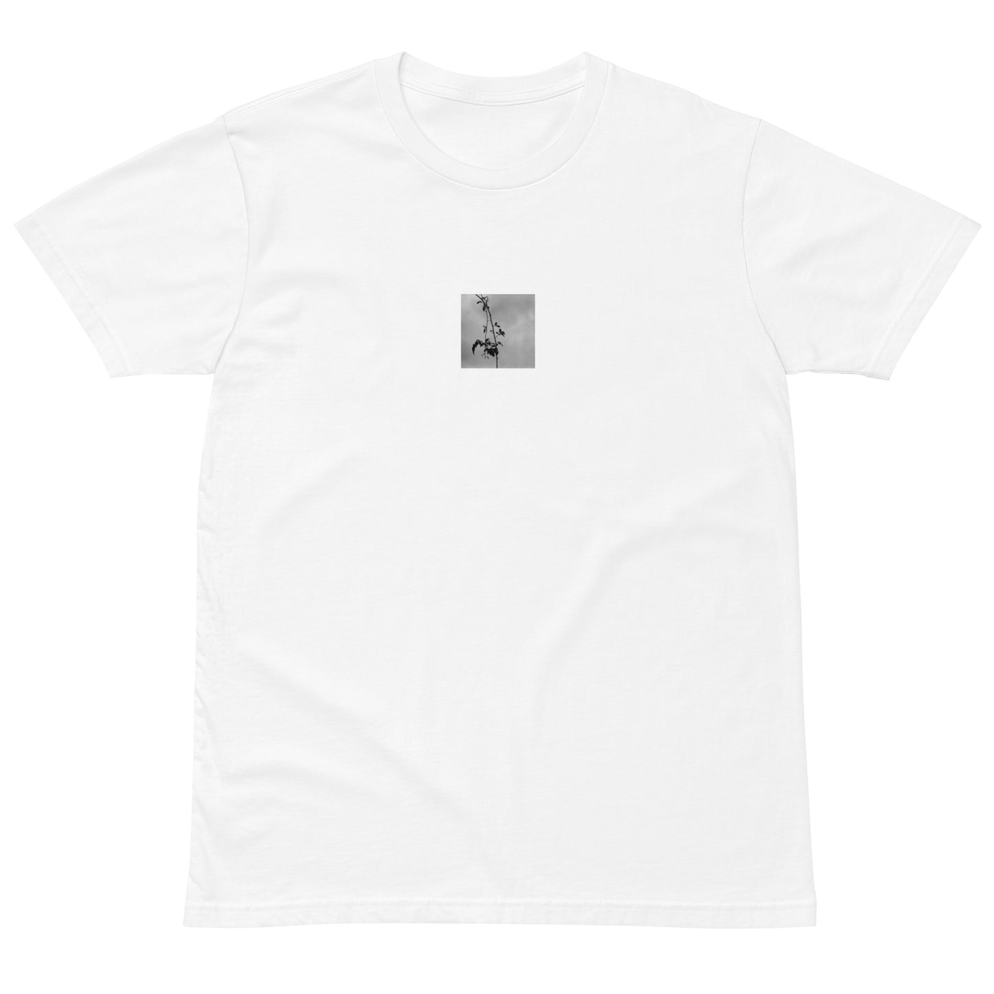 Minimalist streetwear style premium T-shirt in white featuring the 'Tree Branches (B&W)' photo art on the front. / モードストリート系プレミアムTシャツ（ホワイト）フロントに「木の枝（モノクロ）」のフォトアートを配したデザイン。