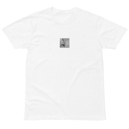 Minimalist streetwear style premium T-shirt in white featuring the 'Tree Branches (B&W)' photo art on the front. / モードストリート系プレミアムTシャツ（ホワイト）フロントに「木の枝（モノクロ）」のフォトアートを配したデザイン。
