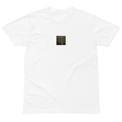 Minimalist streetwear style premium T-shirt in white featuring the 'Sea and Sunshine (B&W)' photo art on the front. / モードストリート系プレミアムTシャツ（ホワイト）フロントに「海と太陽（モノクロ）」のフォトアートを配したデザイン。