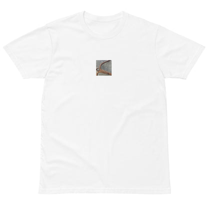 Minimalist streetwear style premium T-shirt in white featuring the 'Anchor' photo art on the front. / モードストリート系プレミアムTシャツ（ホワイト）フロントに「アンカー（錨）」のフォトアートを配したデザイン。