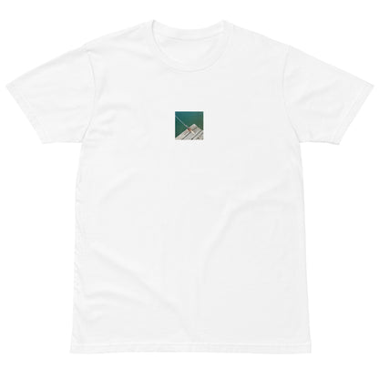 Minimalist streetwear style premium T-shirt in white featuring the 'Sea, Pier and Rope' photo art on the front. / モードストリート系プレミアムTシャツ（ホワイト）フロントに「海、桟橋、ロープ」のフォトアートを配したデザイン。