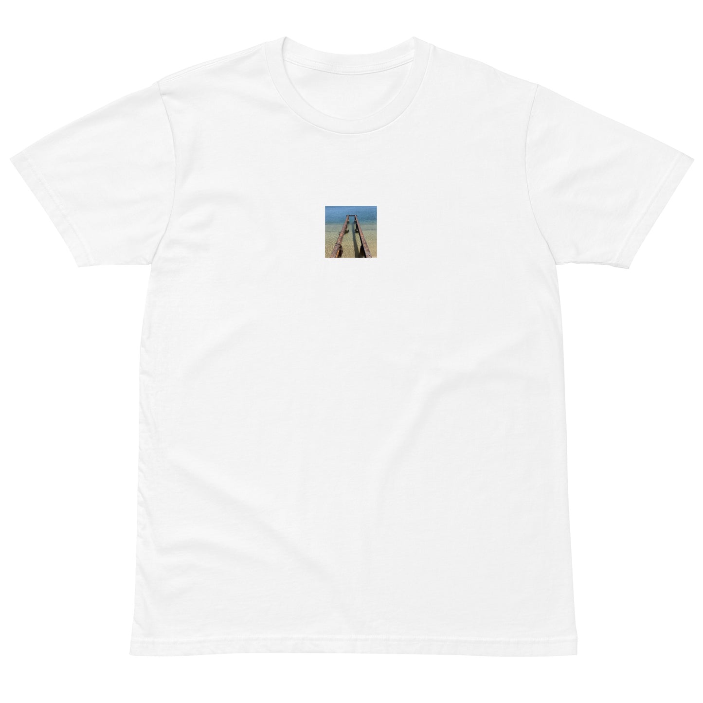 Minimalist streetwear style premium heavyweight long sleeve shirt in white featuring the 'Sea and Pier' photo art on the front. / モードストリート系プレミアム・ヘビーウェイト長袖Tシャツ（ホワイト）フロントに「海と桟橋」のフォトアートを配したデザイン。