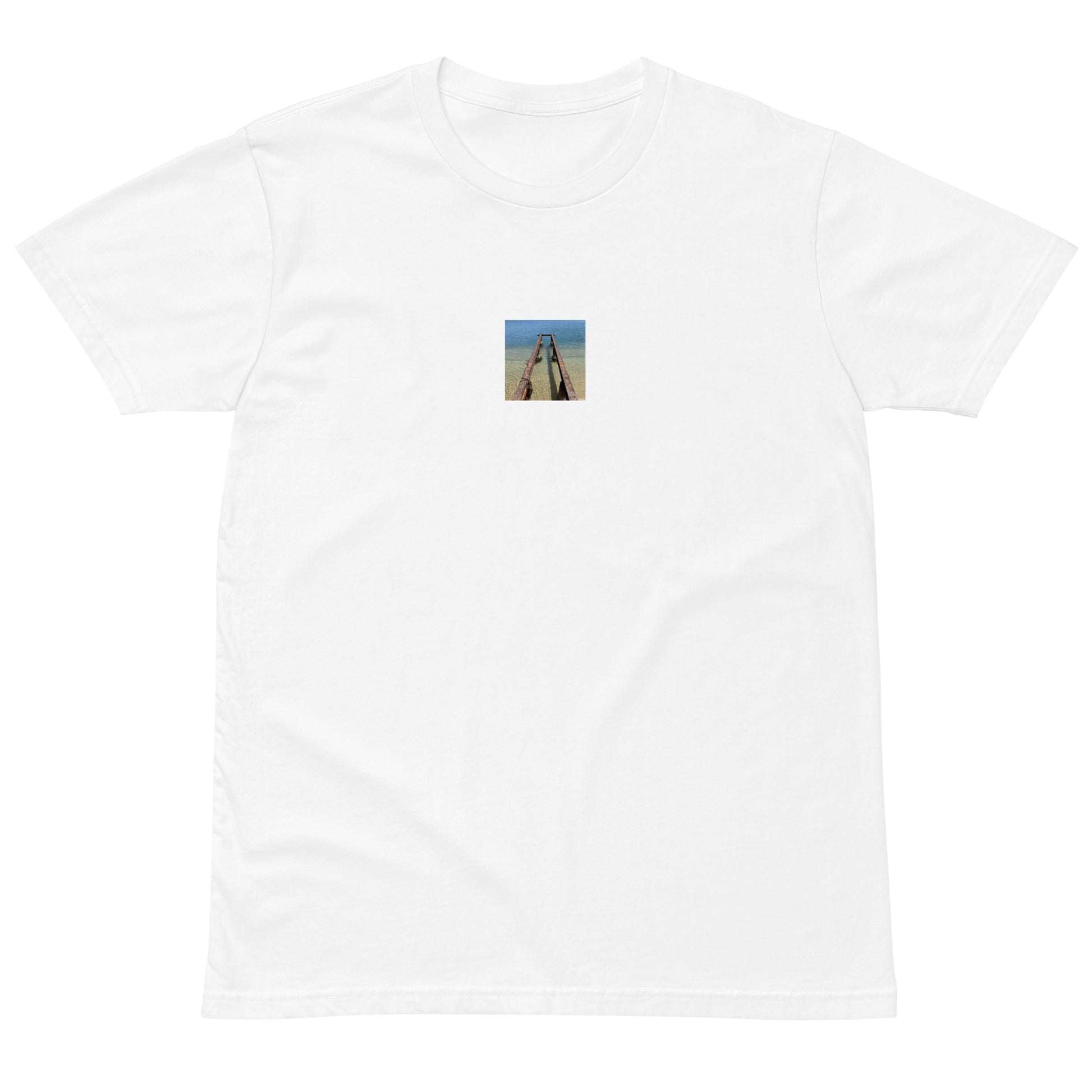 Minimalist streetwear style premium heavyweight long sleeve shirt in white featuring the 'Sea and Pier' photo art on the front. / モードストリート系プレミアム・ヘビーウェイト長袖Tシャツ（ホワイト）フロントに「海と桟橋」のフォトアートを配したデザイン。