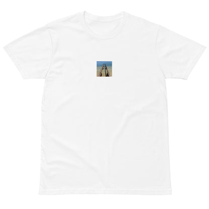 Minimalist streetwear style premium heavyweight long sleeve shirt in white featuring the 'Sea and Pier' photo art on the front. / モードストリート系プレミアム・ヘビーウェイト長袖Tシャツ（ホワイト）フロントに「海と桟橋」のフォトアートを配したデザイン。
