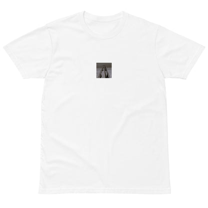 Minimalist streetwear style premium T-shirt in white featuring the 'Sea and Pier (B&W)' photo art on the front. / モードストリート系プレミアムTシャツ（ホワイト）フロントに「海と桟橋（モノクロ）」のフォトアートを配したデザイン。