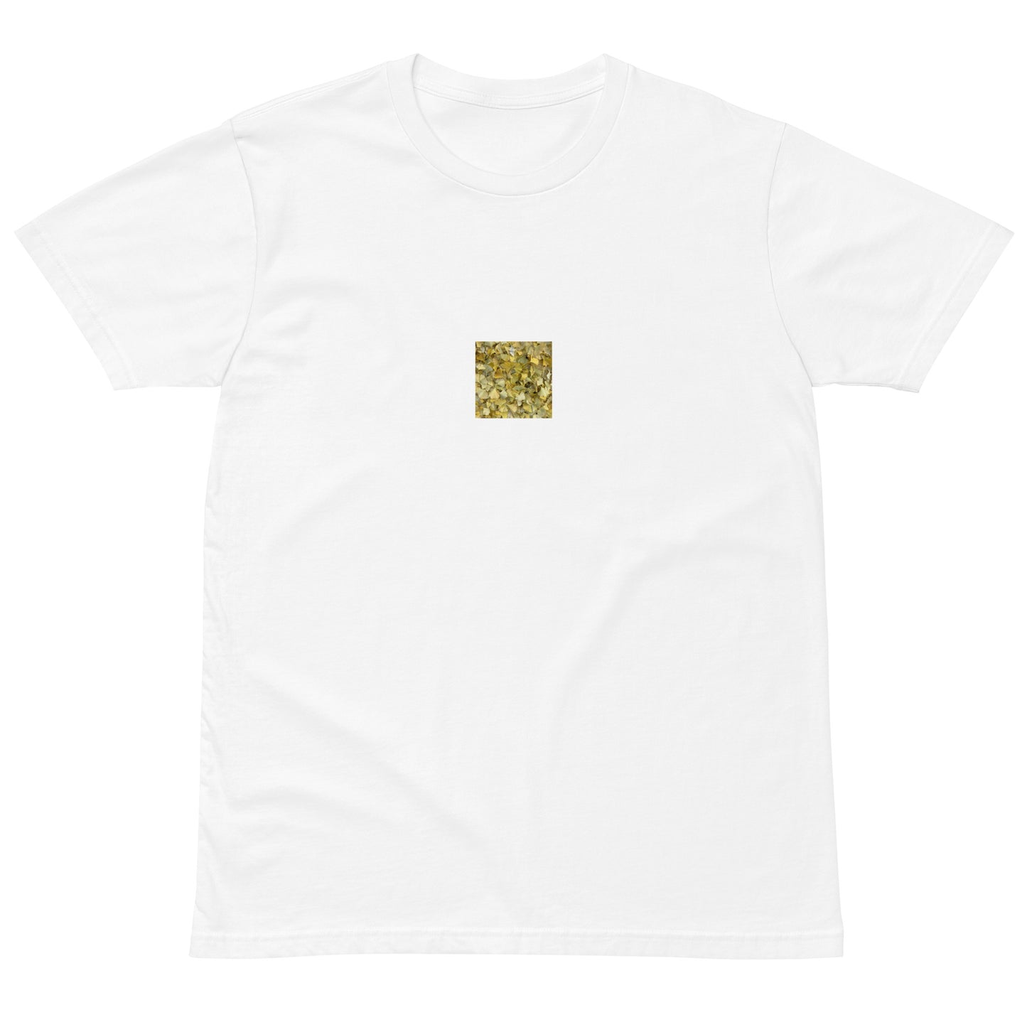 Minimalist streetwear style premium T-shirt in white featuring the 'Ginkgo Fallen Leaves' photo art on the front. / モードストリート系プレミアムTシャツ（ホワイト）フロントに「イチョウの落ち葉」のフォトアートを配したデザイン。