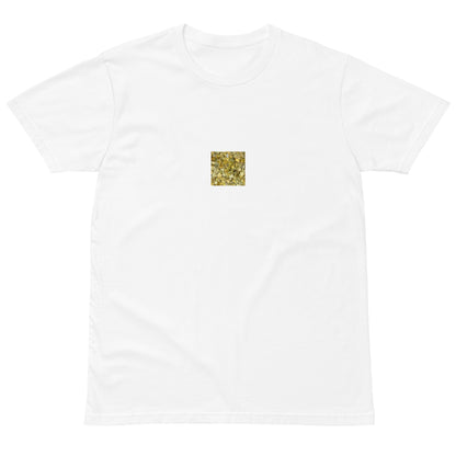 Minimalist streetwear style premium T-shirt in white featuring the 'Ginkgo Fallen Leaves' photo art on the front. / モードストリート系プレミアムTシャツ（ホワイト）フロントに「イチョウの落ち葉」のフォトアートを配したデザイン。