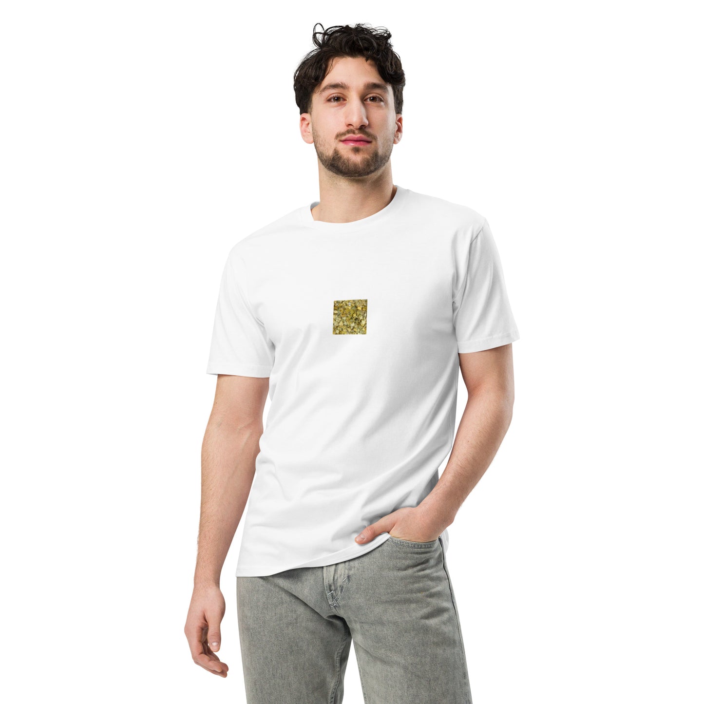 Minimalist streetwear style premium T-shirt in white featuring the 'Ginkgo Fallen Leaves' photo art on the front. / モードストリート系プレミアムTシャツ（ホワイト）フロントに「イチョウの落ち葉」のフォトアートを配したデザイン。