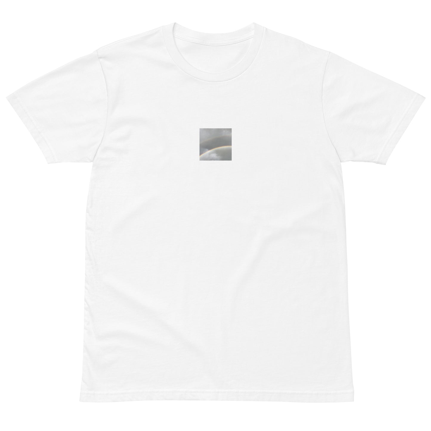 Minimalist streetwear style premium T-shirt in white featuring the 'Double Rainbow' photo art on the front. / モードストリート系プレミアムTシャツ（ホワイト）フロントに「ダブルレインボー」のフォトアートを配したデザイン。