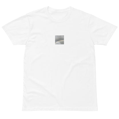 Minimalist streetwear style premium T-shirt in white featuring the 'Double Rainbow' photo art on the front. / モードストリート系プレミアムTシャツ（ホワイト）フロントに「ダブルレインボー」のフォトアートを配したデザイン。
