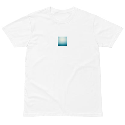 Minimalist streetwear style premium T-shirt in white featuring the 'Ocean Horizon' photo art on the front. / モードストリート系プレミアムTシャツ（ホワイト）フロントに「海の水平線」のフォトアートを配したデザイン。