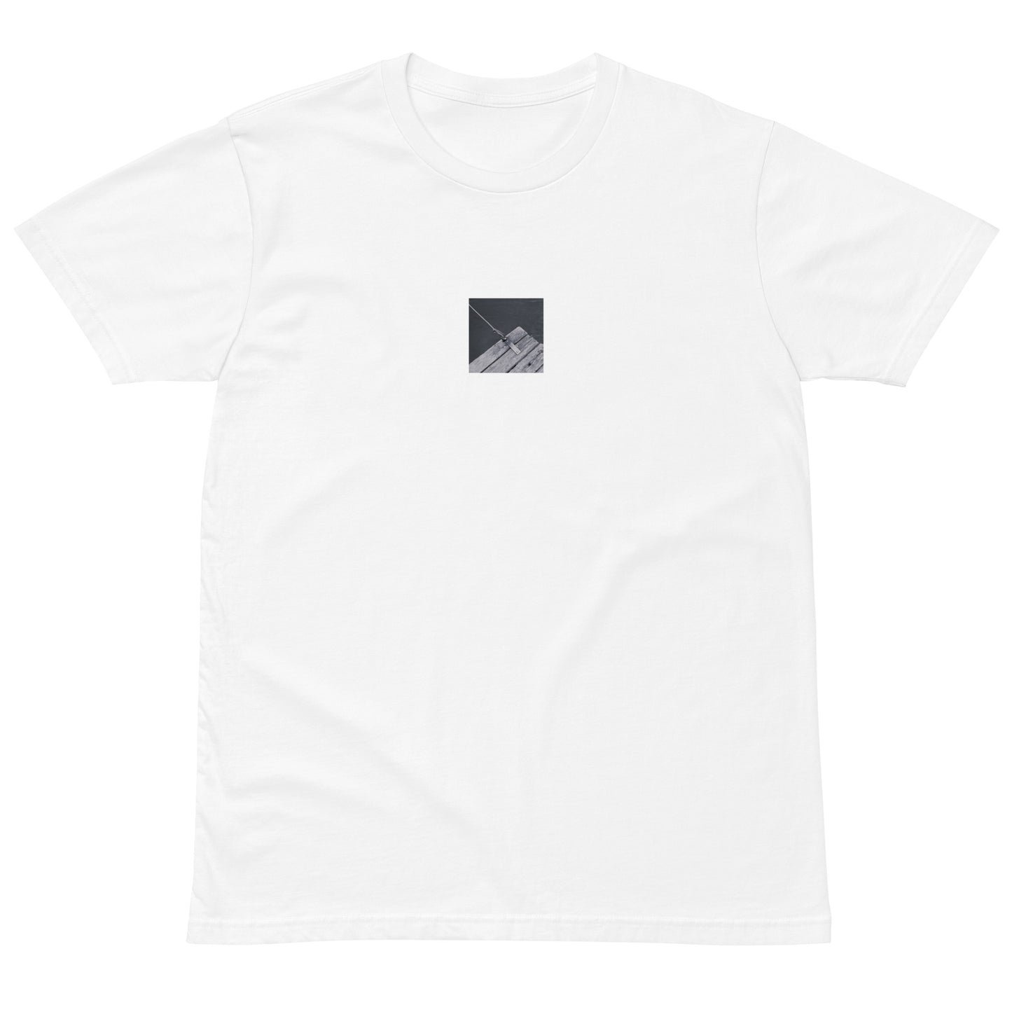 Minimalist streetwear style premium T-shirt in white featuring the 'Ocean Pier (B&W)' photo art on the front. / モードストリート系プレミアムTシャツ（ホワイト）フロントに「海の桟橋 (モノクロ)」のフォトアートを配したデザイン。
