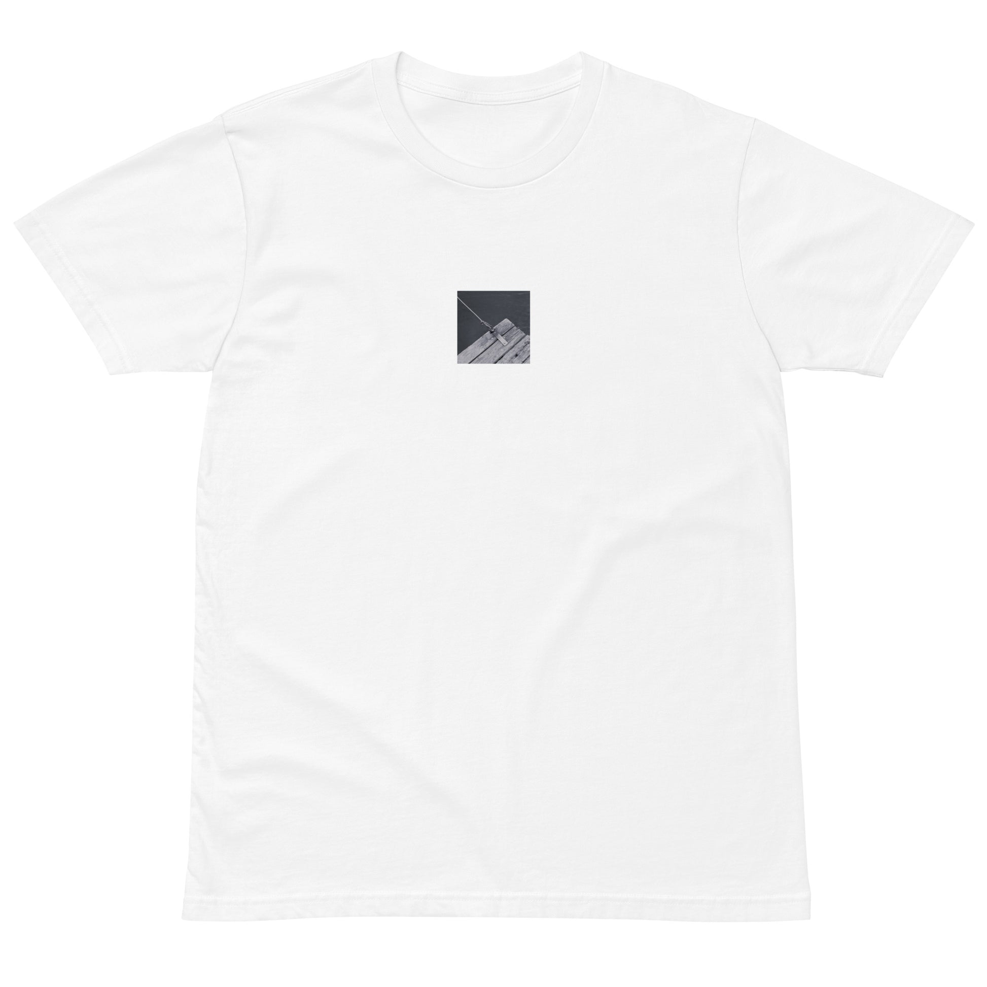 Minimalist streetwear style premium T-shirt in white featuring the 'Ocean Pier (B&W)' photo art on the front. / モードストリート系プレミアムTシャツ（ホワイト）フロントに「海の桟橋 (モノクロ)」のフォトアートを配したデザイン。