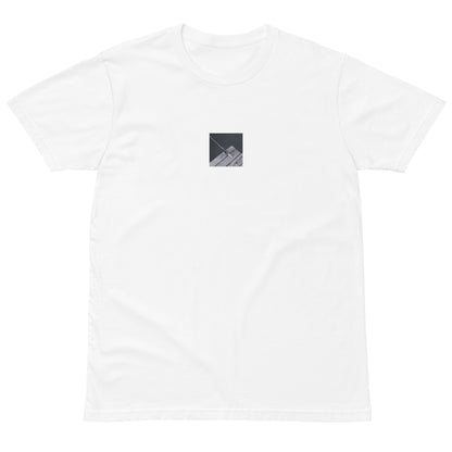 Minimalist streetwear style premium T-shirt in white featuring the 'Ocean Pier (B&W)' photo art on the front. / モードストリート系プレミアムTシャツ（ホワイト）フロントに「海の桟橋 (モノクロ)」のフォトアートを配したデザイン。