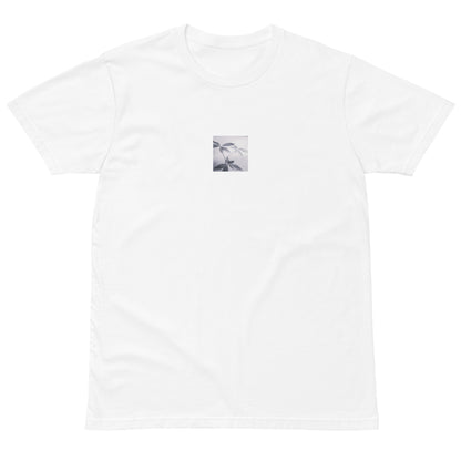 Minimalist streetwear style premium T-shirt in white featuring the 'Botanical (B&W)' photo art on the front. / モードストリート系プレミアムTシャツ（ホワイト）フロントに「ボタニカル (モノクロ)」のフォトアートを配したデザイン。